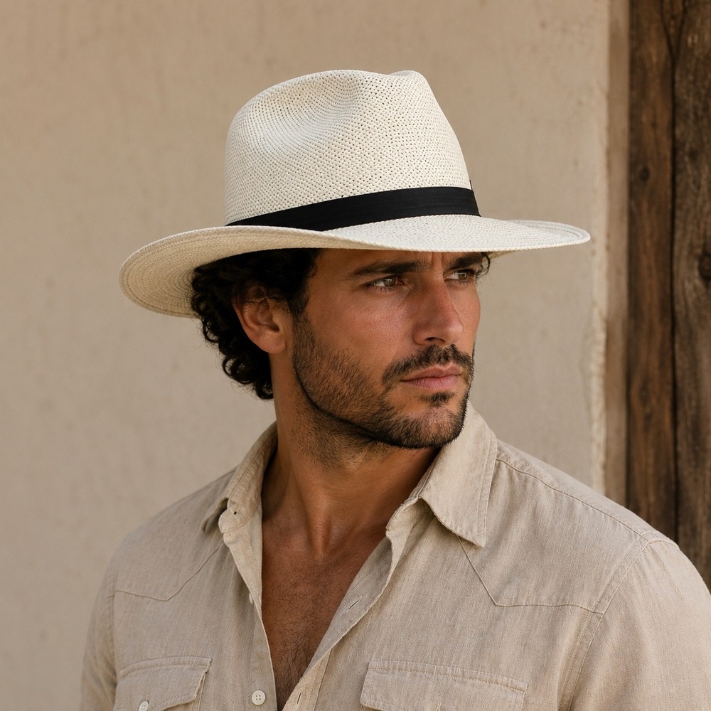 Peter Grimm Hat Mens Paper Straw Fedora Hat Cream White Black Band Cowboys